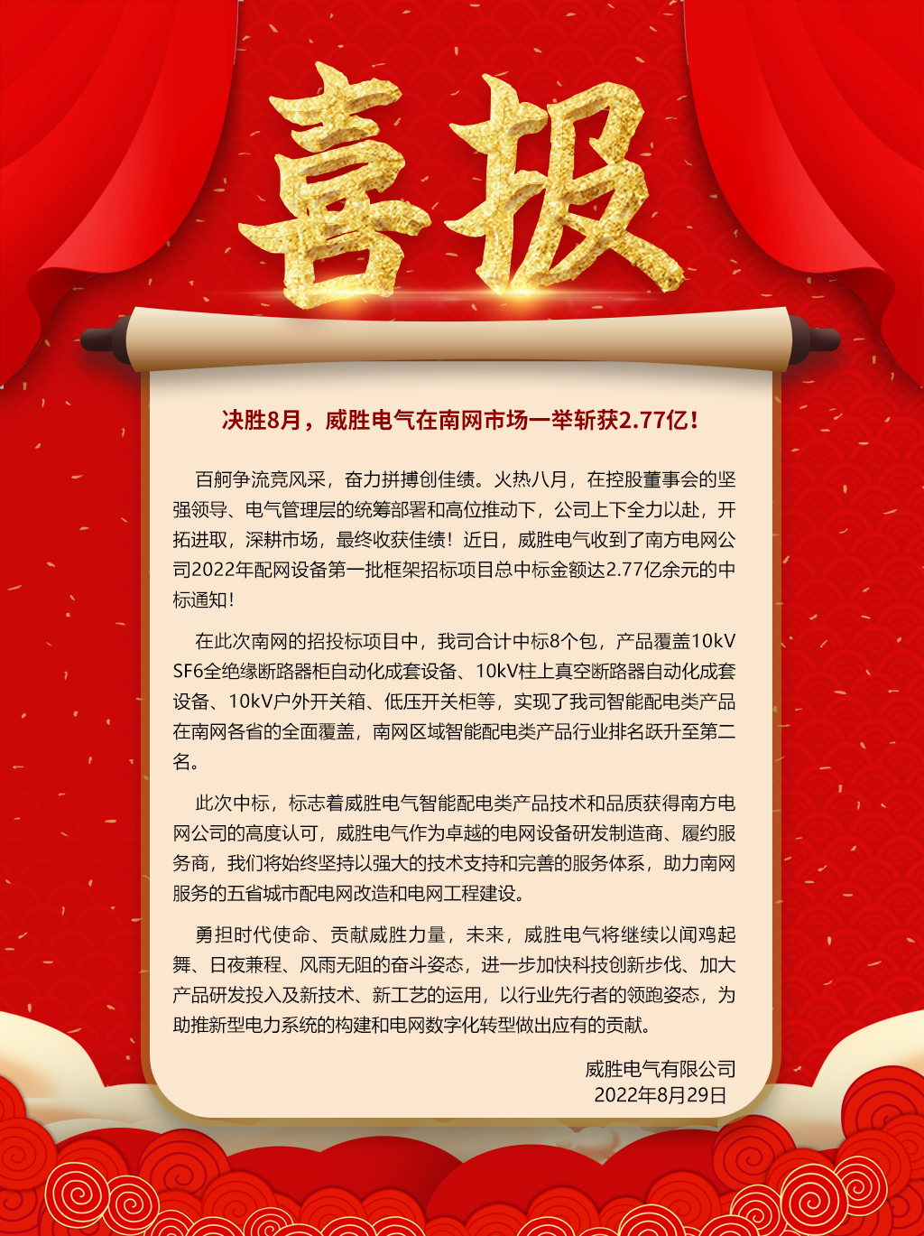 中標(biāo)喜報(bào):決勝8月,威勝電氣在南網(wǎng)市場(chǎng)一舉斬獲2.77億! 中標(biāo)喜報(bào):決勝8月,威勝電氣在南網(wǎng)市場(chǎng)一舉斬獲2.77億!